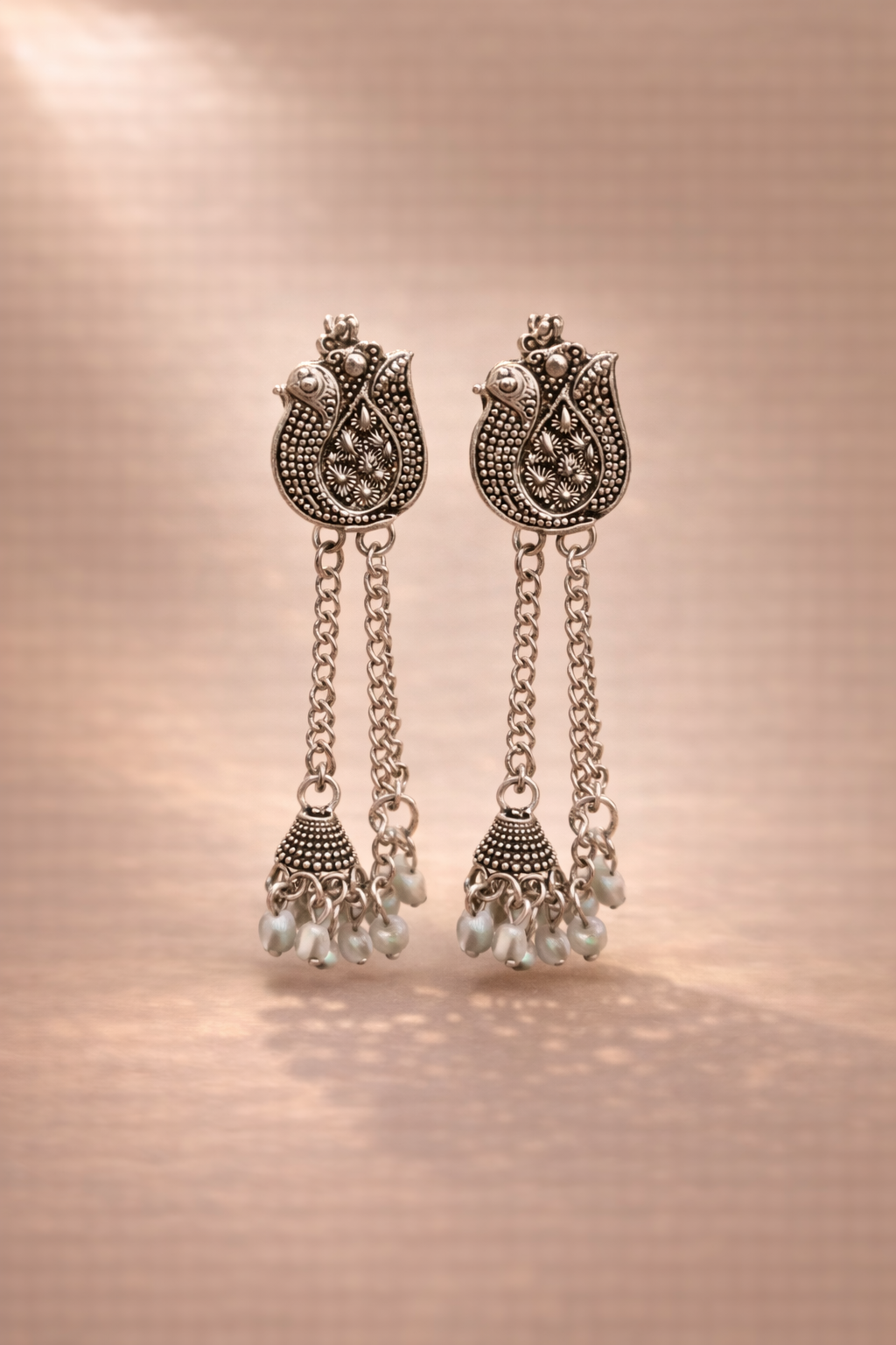 Oxidized Silver Peacock Chain Jhumka Earrings for Women | Traditional Ethnic Long Earrings