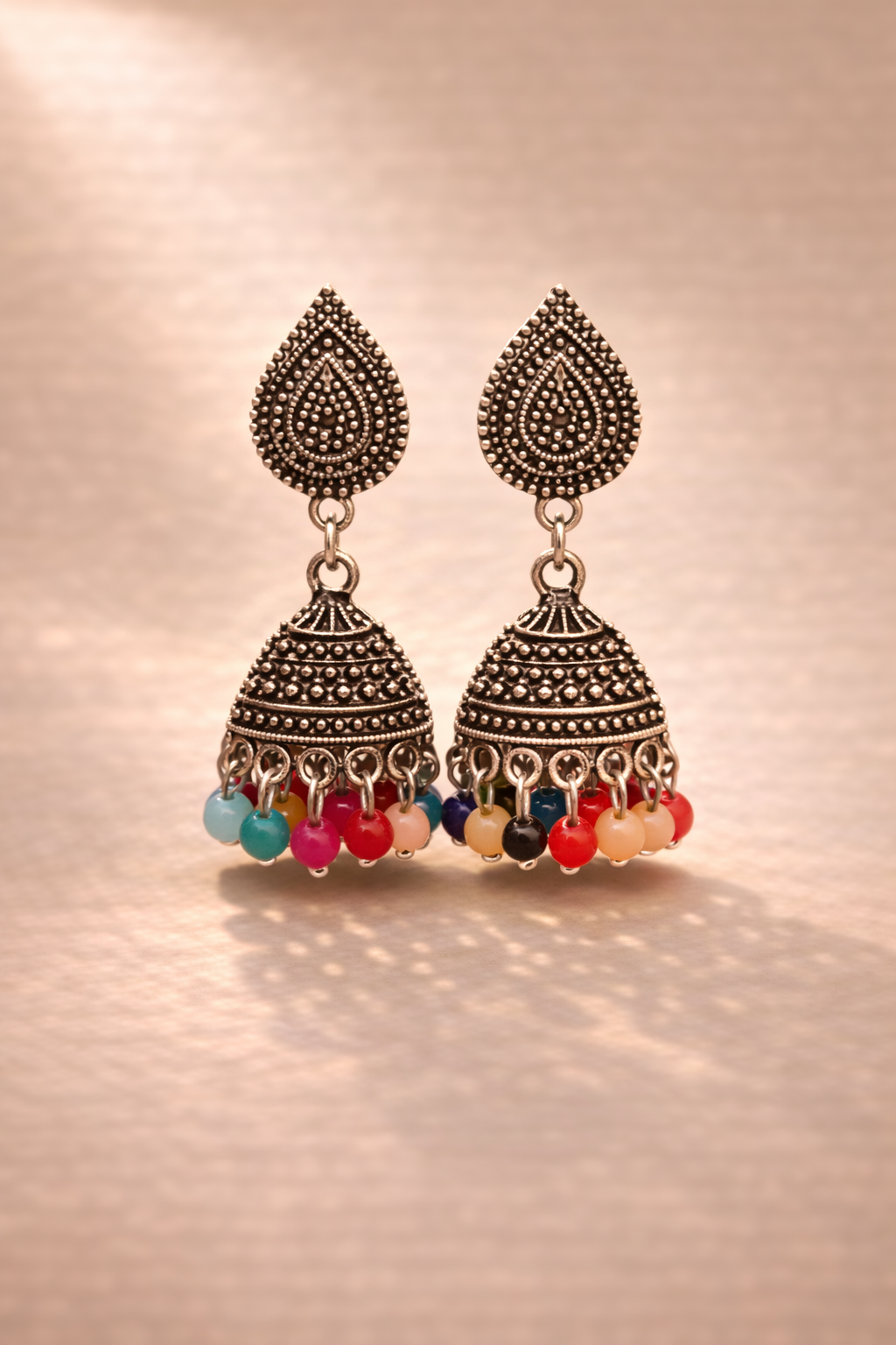 Oxidized Silver Multicolor Beaded Jhumka Earrings for Women