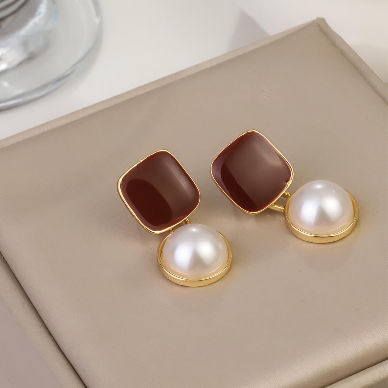 Elegant Brown Enamel & Pearl Stud Earrings JL0018