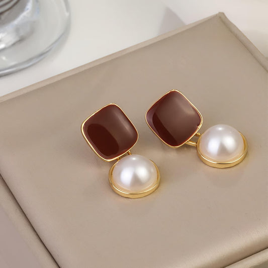 Elegant Brown Enamel & Pearl Stud Earrings JL0018