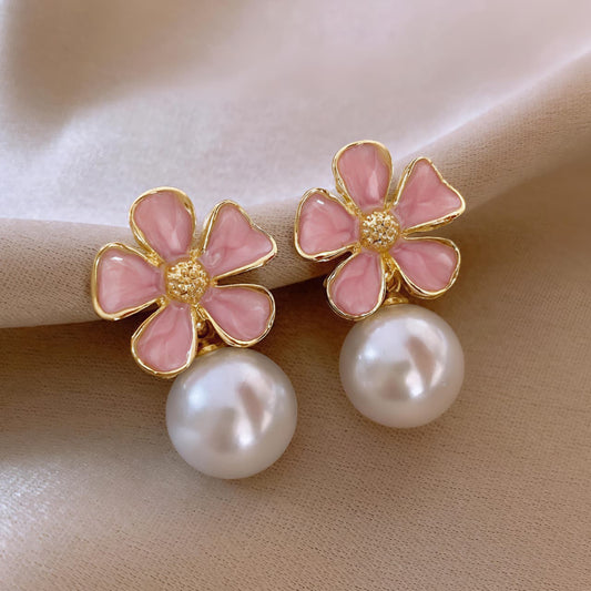 Pink Floral Pearl Drop Earrings JL0027