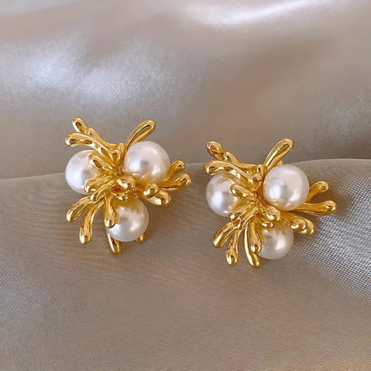 Gold Floral Pearl Cluster Stud Earrings JL0019