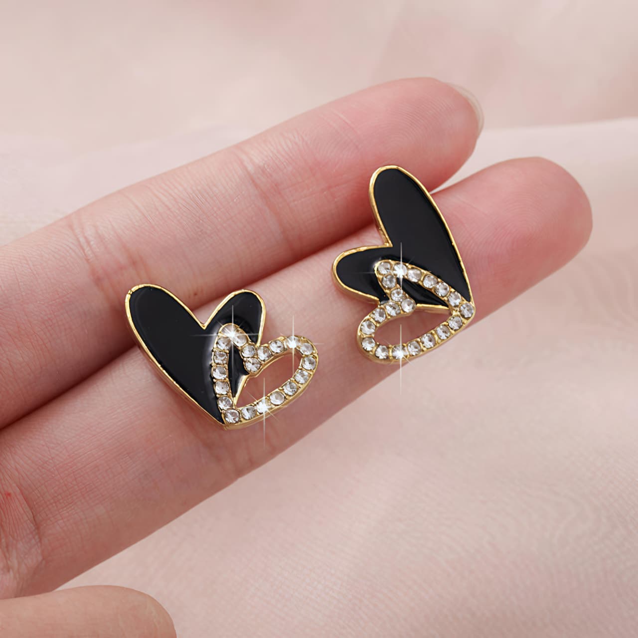 Elegant Black Enamel Heart Crystal Earrings JL0014
