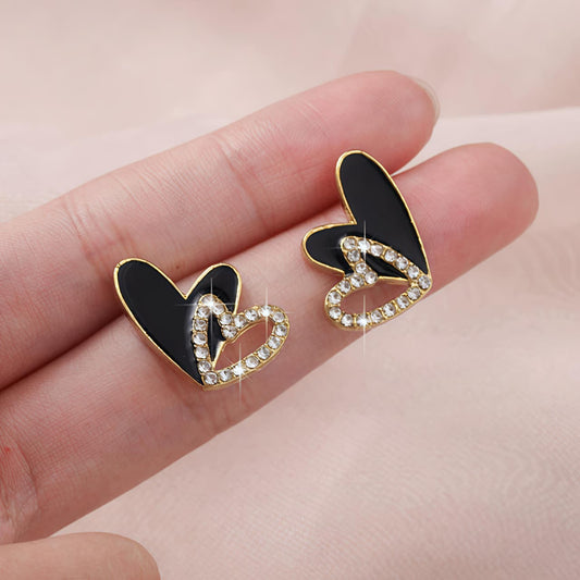 Elegant Black Enamel Heart Crystal Earrings JL0014