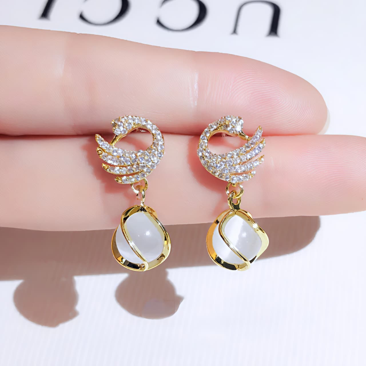 Crystal Swan Pearl Drop Earrings JL0043