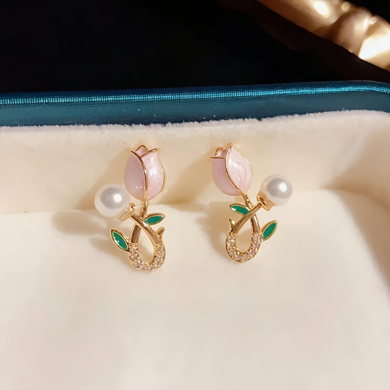 Pink Rose Pearl Drop Stud Earrings JL0020