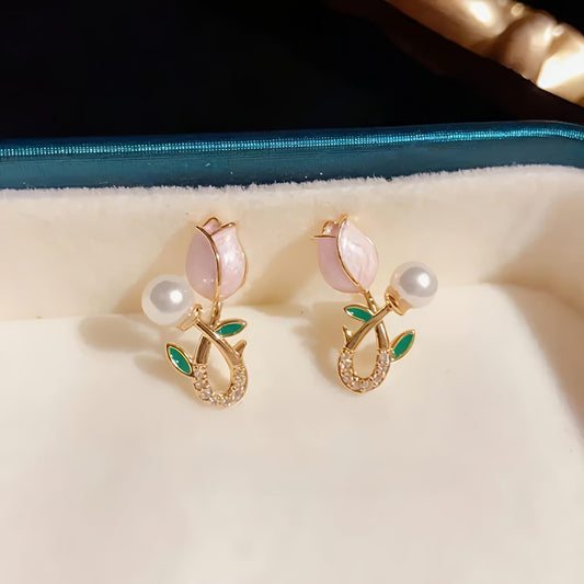 Pink Rose Pearl Drop Stud Earrings JL0020