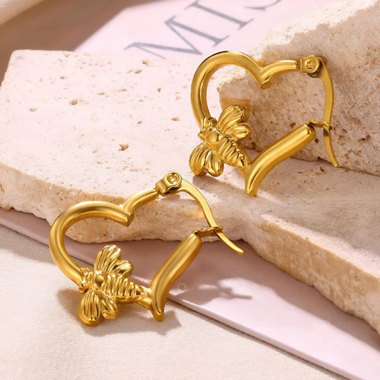 Golden Heart Bee Hoop Earrings JL0039