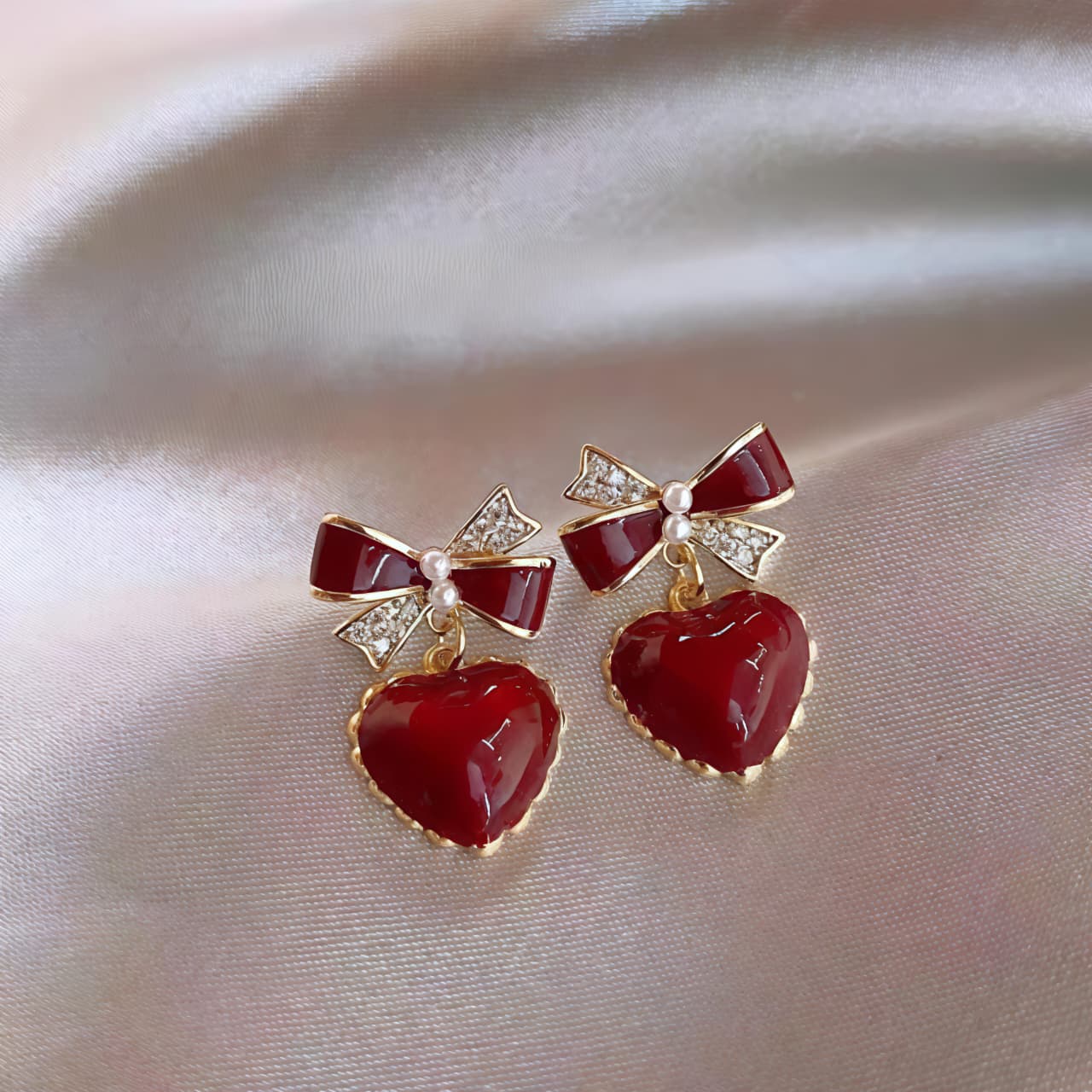 Cherry Red Heart & Bow Stud Drops JL0026