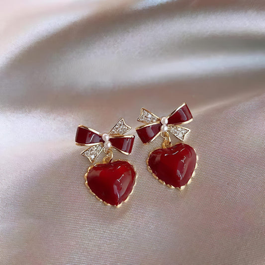 Cherry Red Heart & Bow Stud Drops JL0026