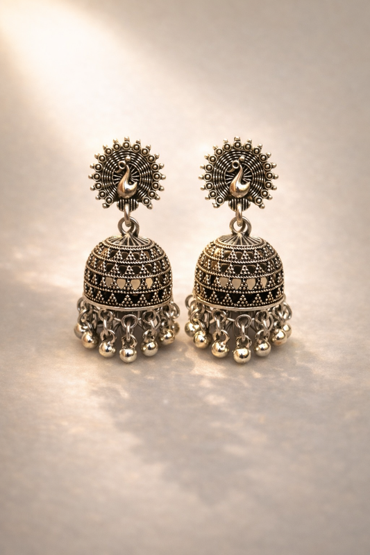 Oxidised Silver Peacock Jhumka Earrings