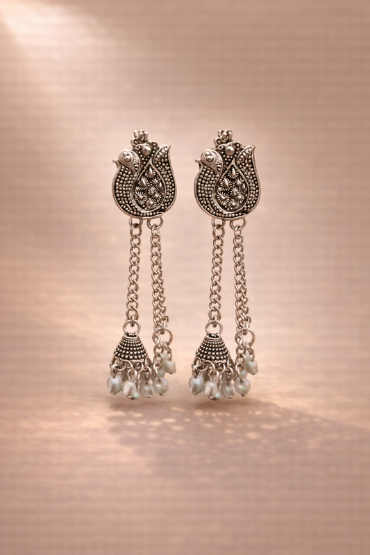 Oxidized Silver Peacock Chain Jhumka Earrings for Women | Traditional Ethnic Long Earrings