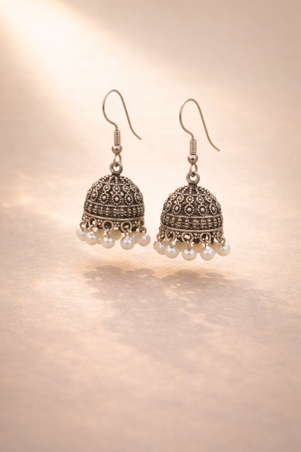 Oxidised Silver Pearl Drop Jhumka Earrings