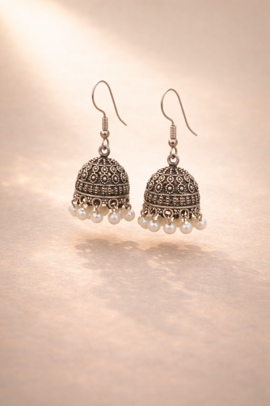 Oxidised Silver Pearl Drop Jhumka Earrings