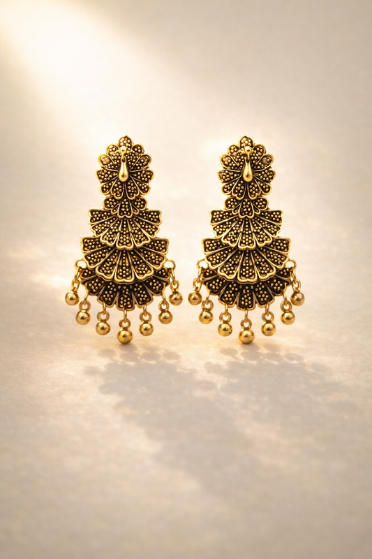 Oxidised Peacock Design Jhumka Earrings with Antique Finish with gold polish