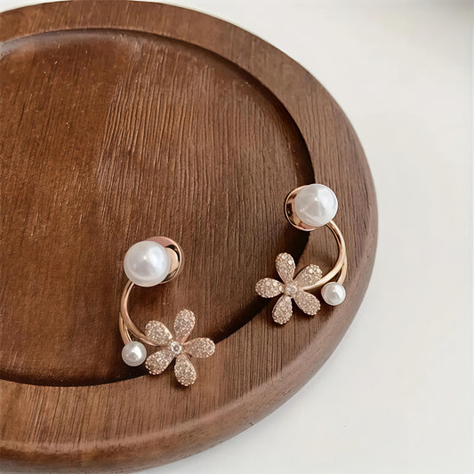 Elegant Floral Pearl Curve Earrings | Korean Rose Gold Design