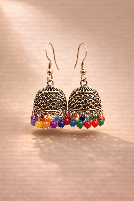 Oxidized Silver Multicolor Beaded Jhumka Earrings for Women | Traditional Ethnic Earrings