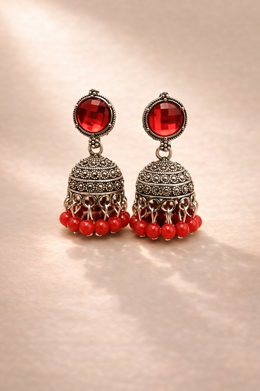 Elegant Red Stone Jhumka Earrings with Beaded Drops