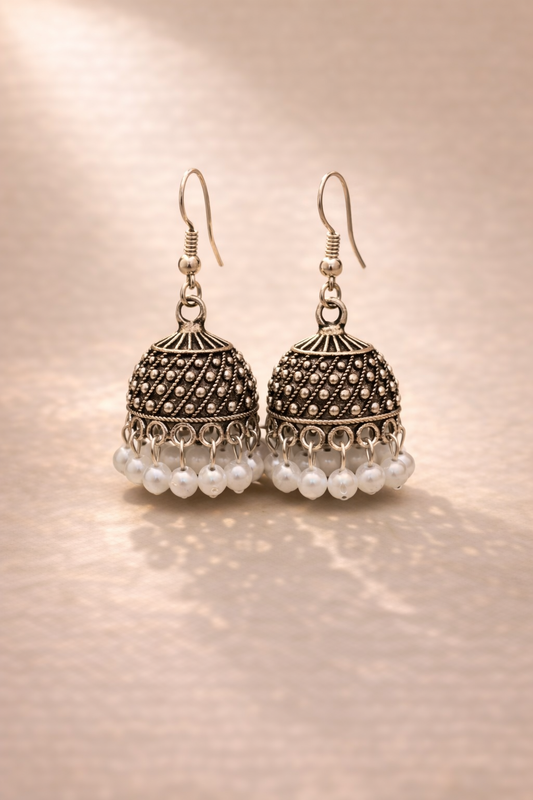 Oxidized Silver Pearl Jhumka Earrings for Women | Traditional Ethnic Drop Earrings