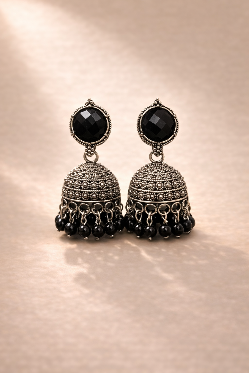 Oxidized Silver Black Stone Jhumka Earrings for Women | Traditional Ethnic Drop Earrings