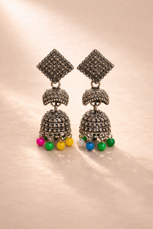 Multicolor Beads Oxidised Silver Jhumka Earrings