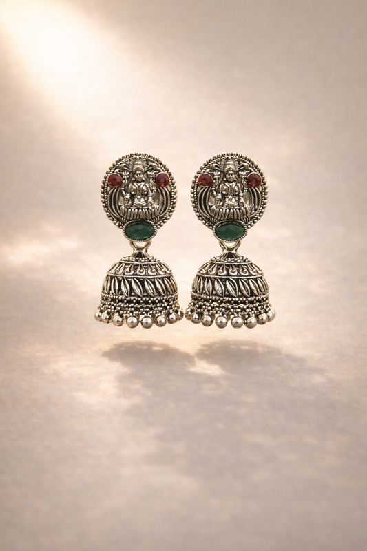 Oxidised Lakshmi Temple Jhumka Earrings with Green Stone