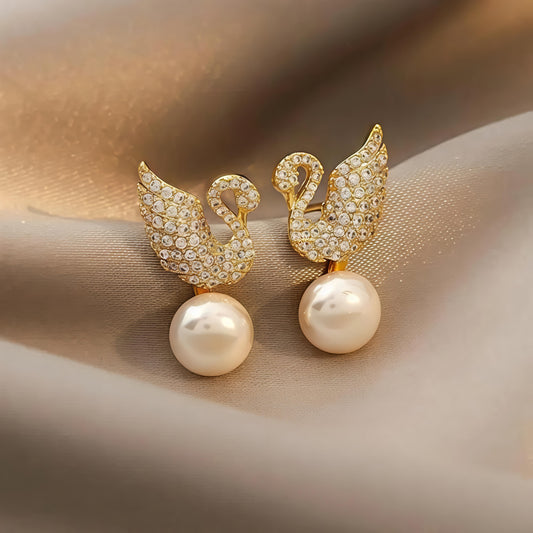Luxury Swan Crystal Pearl Earrings | Elegant Gold-Tone Design