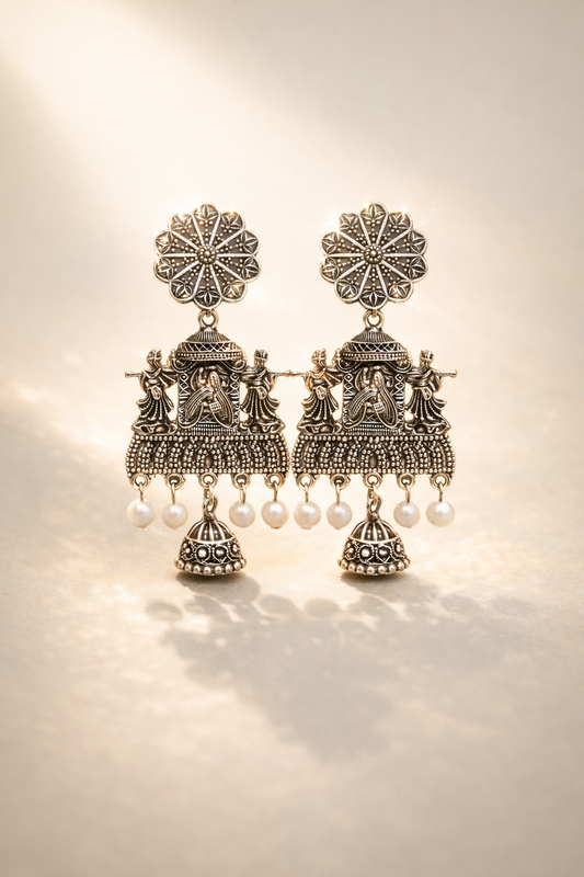 Oxidised Silver Temple Dance Pearl Jhumka Earrings