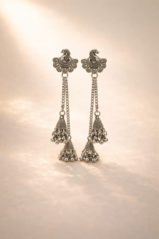 Oxidised Silver Multi-Jhumka Chain Drop Earrings