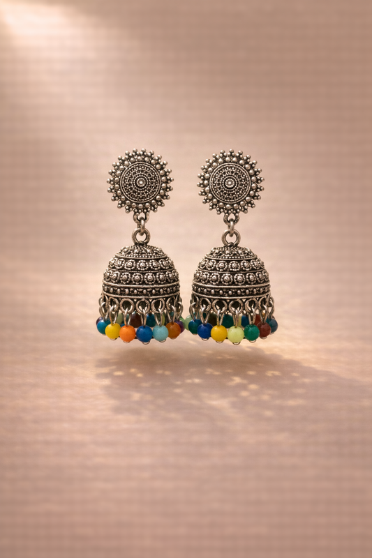 Oxidized Silver Multicolor Beaded Jhumka Earrings for Women | Traditional Ethnic Earrings