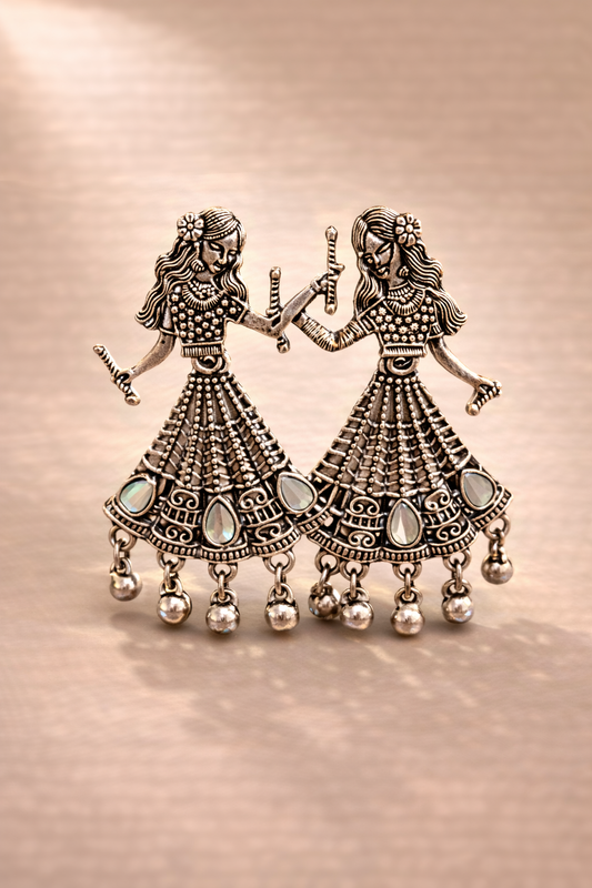 Oxidized Silver Dancing Girl Earrings for Women | Tribal Ethnic Statement Earrings